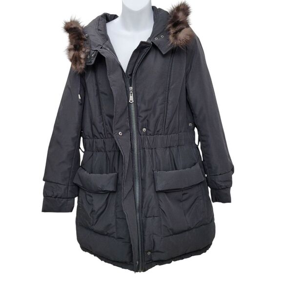 Trendy Black Winter Jacket With Furry Hoodie Size: Large - Picture 3 of 14